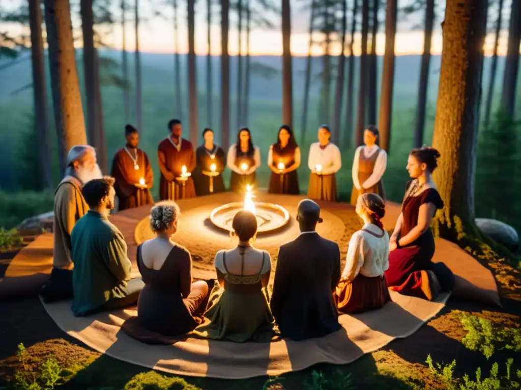 Un grupo de principiantes participa en un ritual wiccano en un claro del bosque