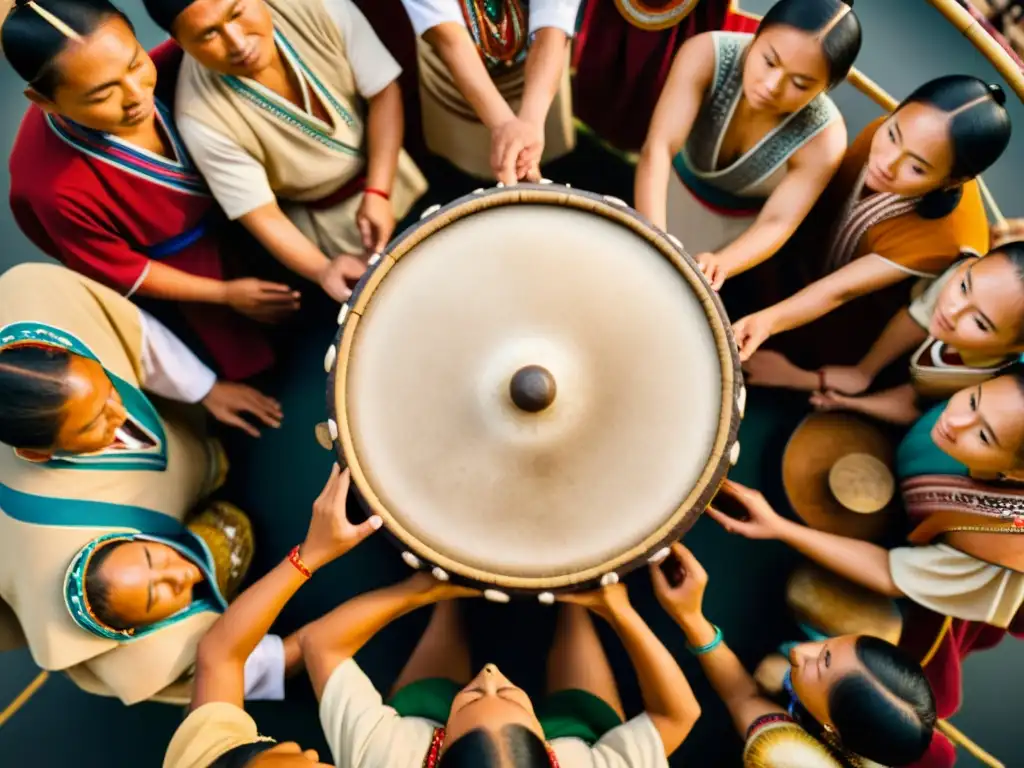 Grupo de pueblos nativos siberianos se reúnen alrededor de un gran tambor ceremonial, comunicación espiritual en ritual