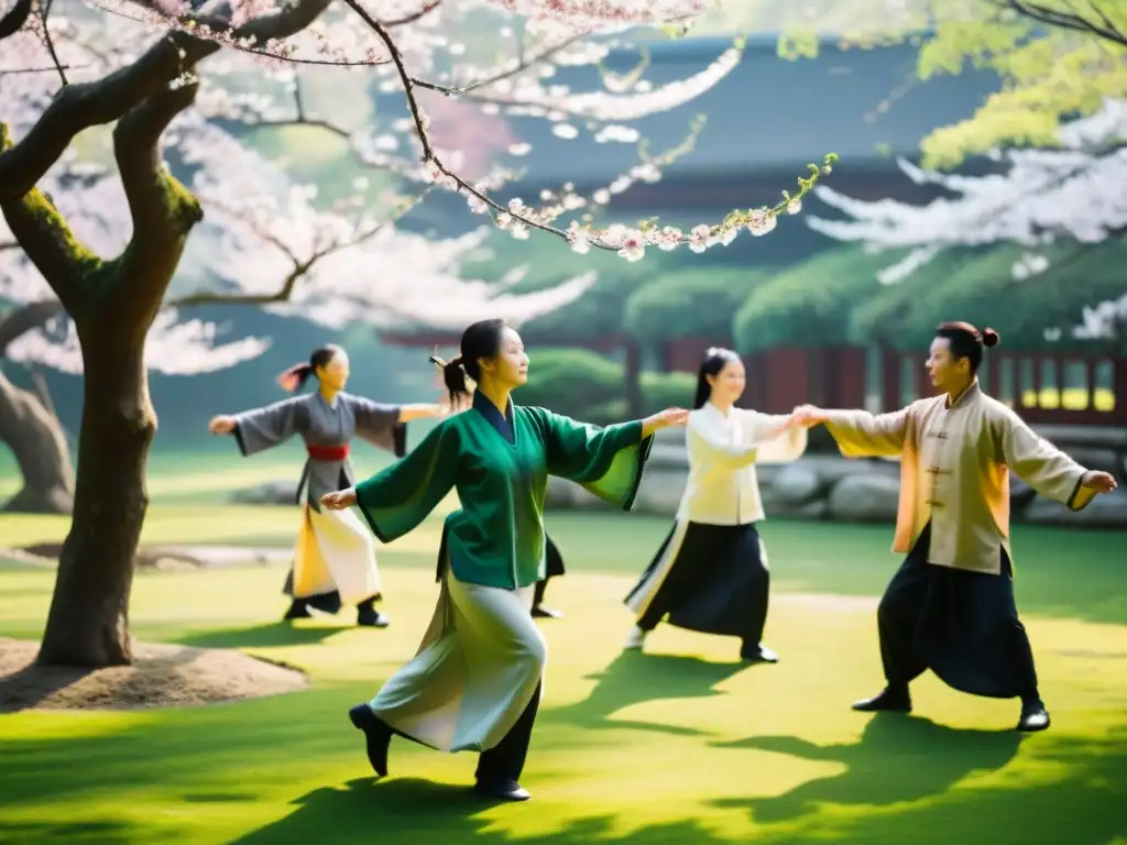 Un grupo practica Qigong en un jardín con árboles de cerezos en flor