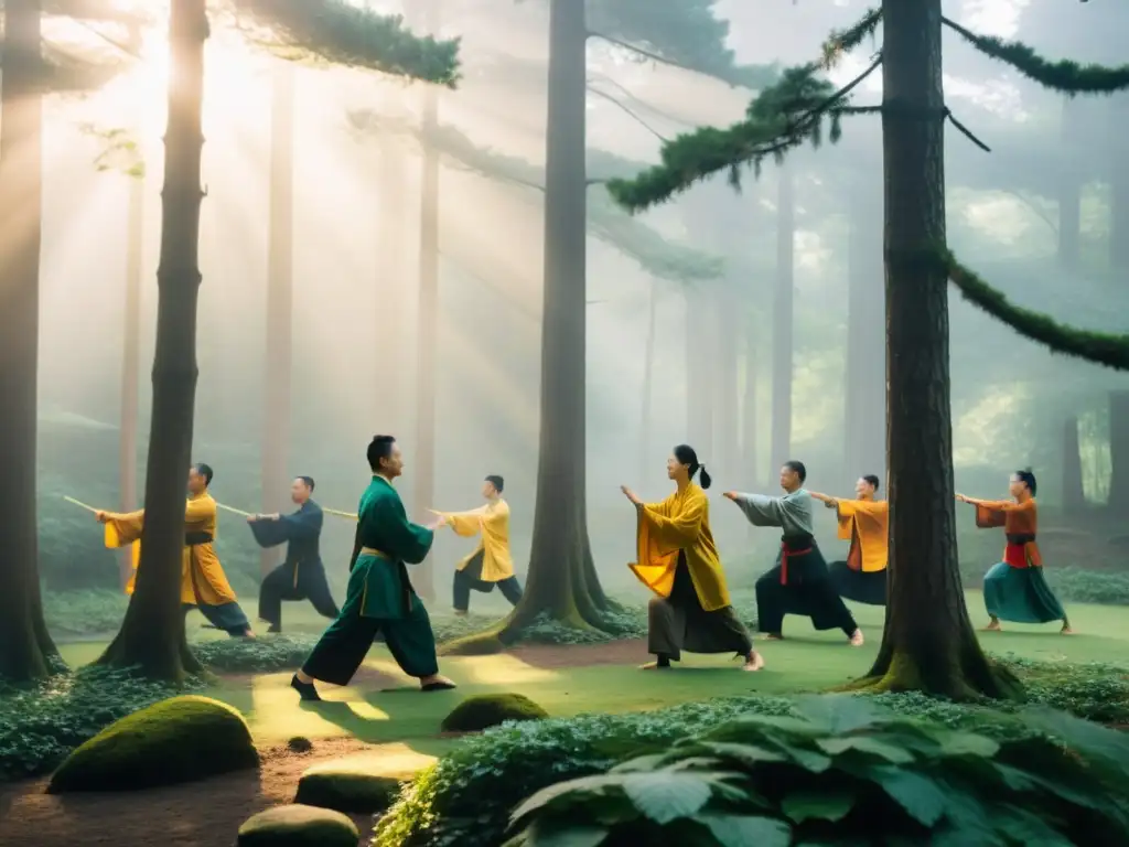 Grupo practica Qigong al amanecer en un bosque neblinoso, irradiando armonía y paz