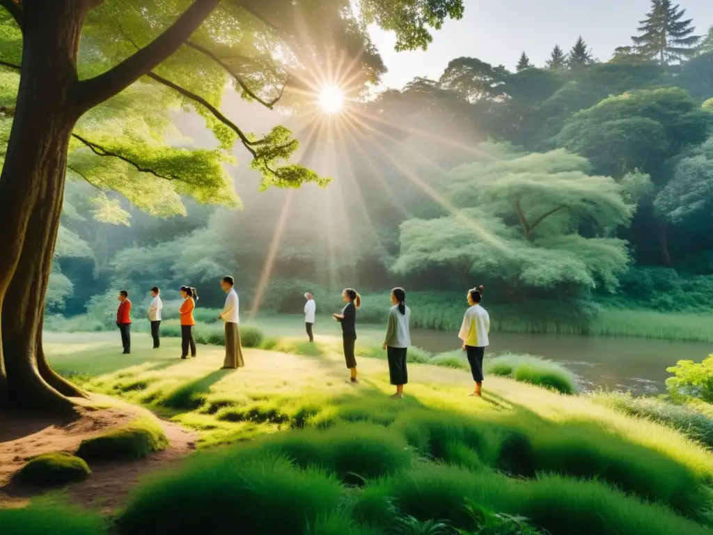 Grupo practicando Qigong en bosque, sol dorado