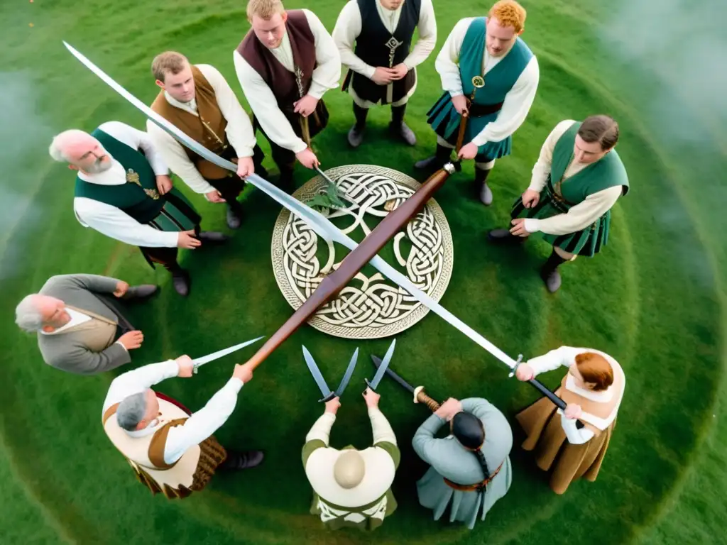 Grupo de reenactores celtas en ritual con espada