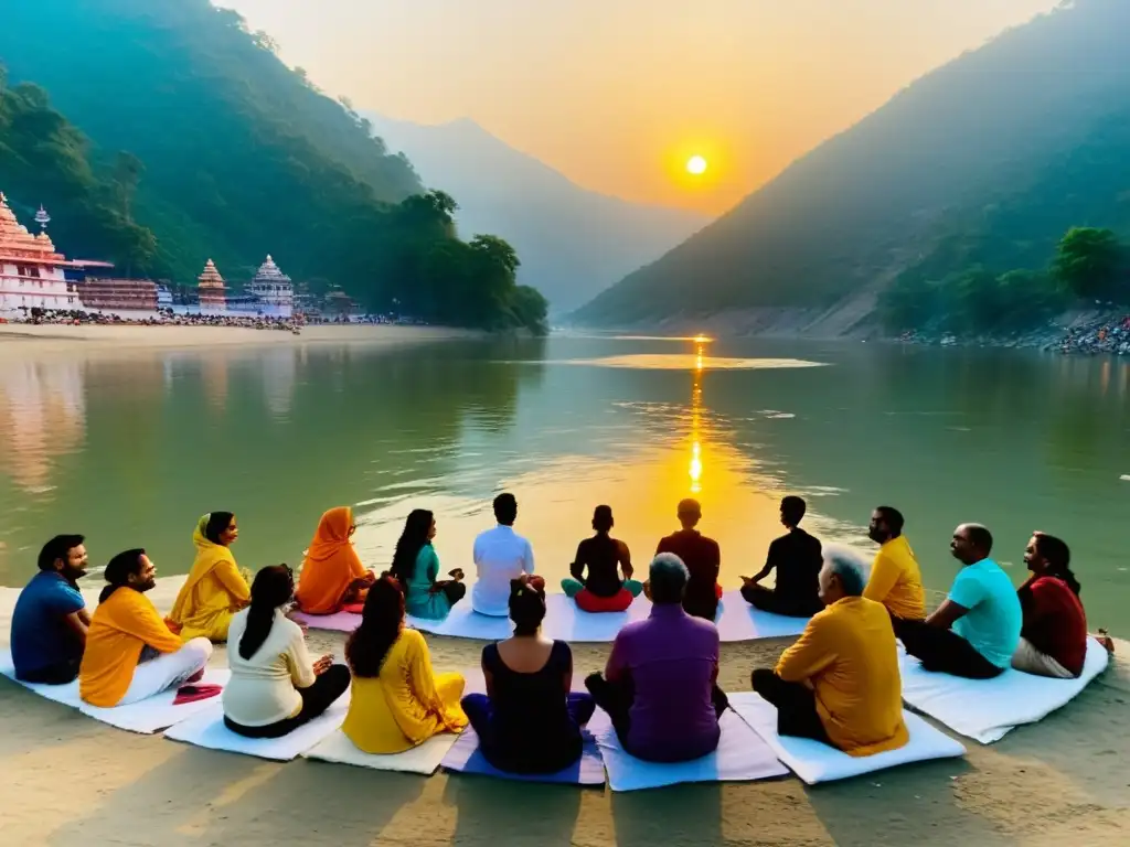 Grupo en retiro espiritual en Rishikesh, yoga, a orillas del Ganges al amanecer, con montañas del Himalaya al fondo