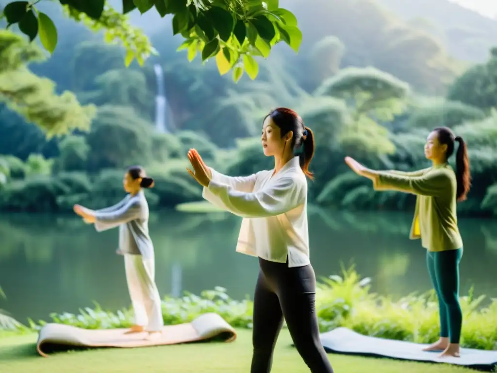 Grupo en retiro de Qigong disfrutando de los beneficios de la medicina china en un entorno natural sereno y apacible al amanecer