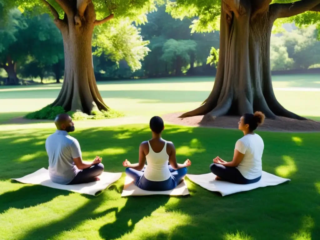 Grupo en meditación en retiro de silencio en tradiciones, bajo árboles frondosos, sol filtrándose entre hojas