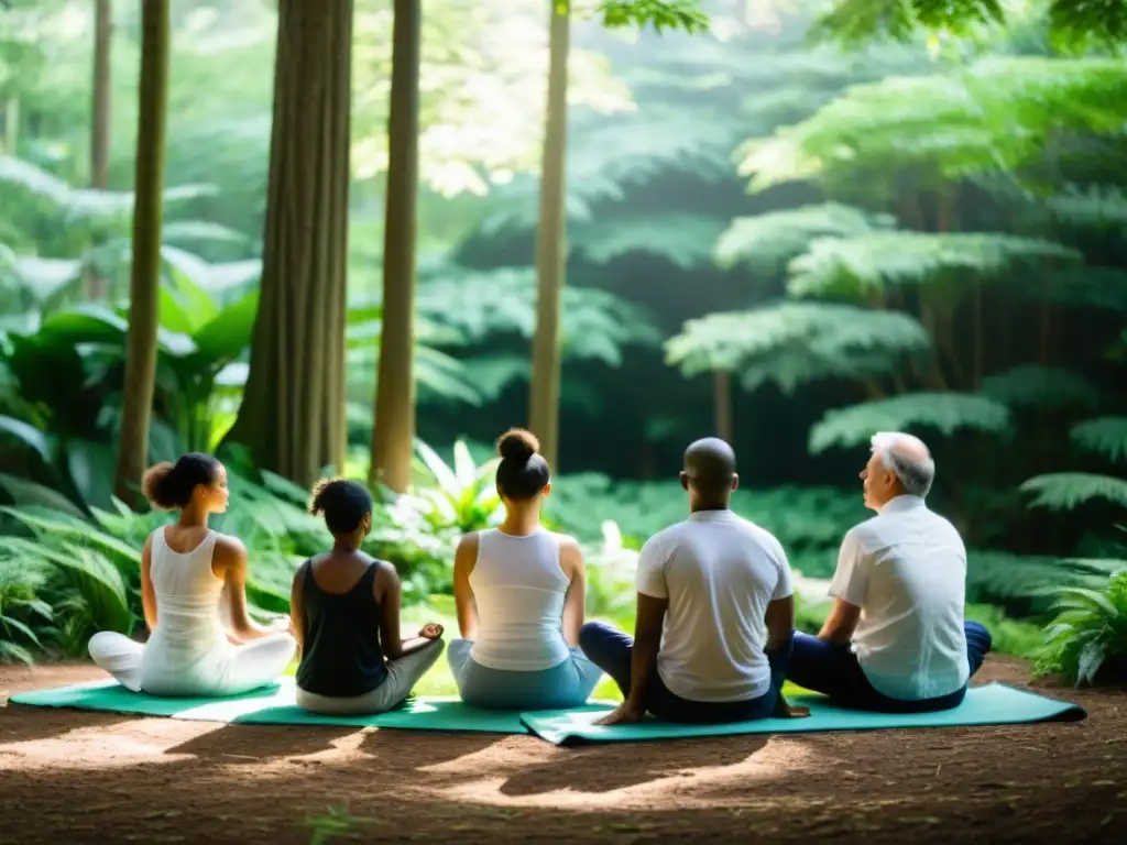 Grupo en meditación en retiros de silencio en tradiciones, rodeados de naturaleza y serenidad