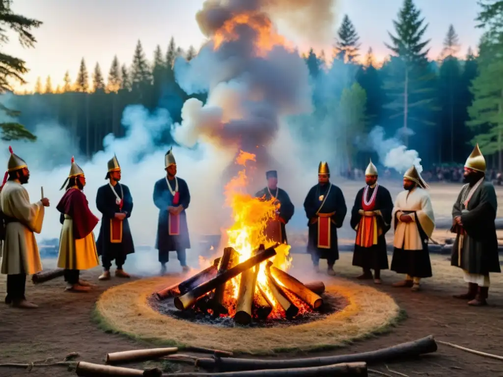 Grupo reunido alrededor de fogata en el bosque, fusionando rituales clásicos con la era moderna