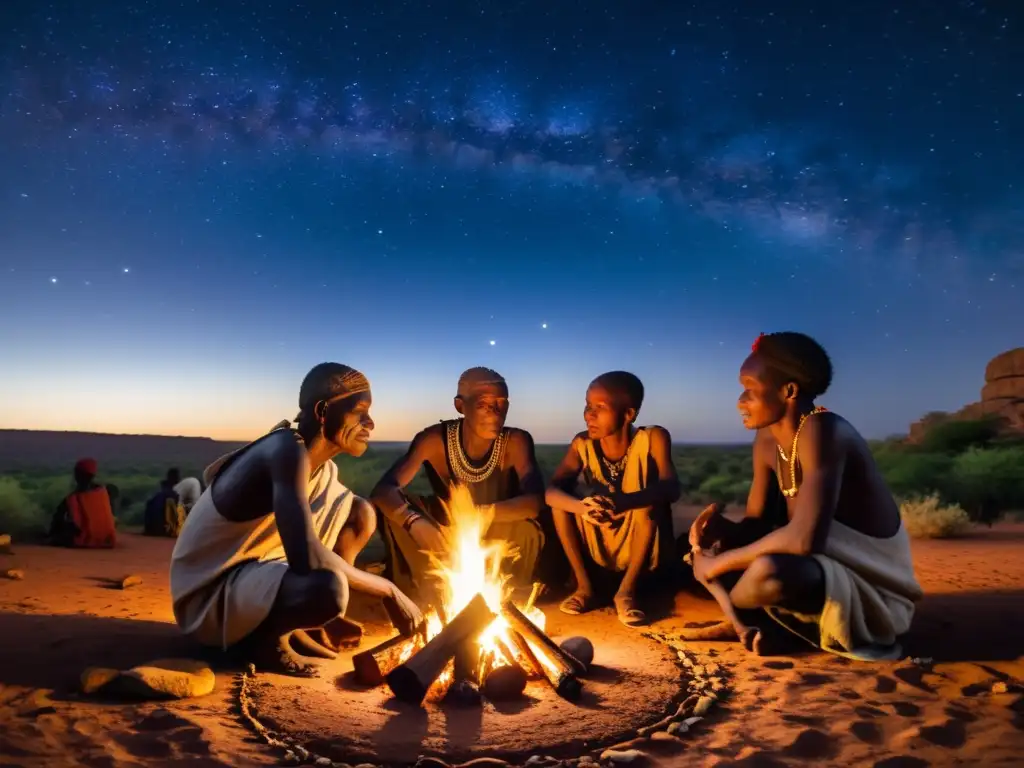 Grupo de Dogon reunidos alrededor del fuego, escuchando historias sobre astronomía y mitología en la noche estrellada