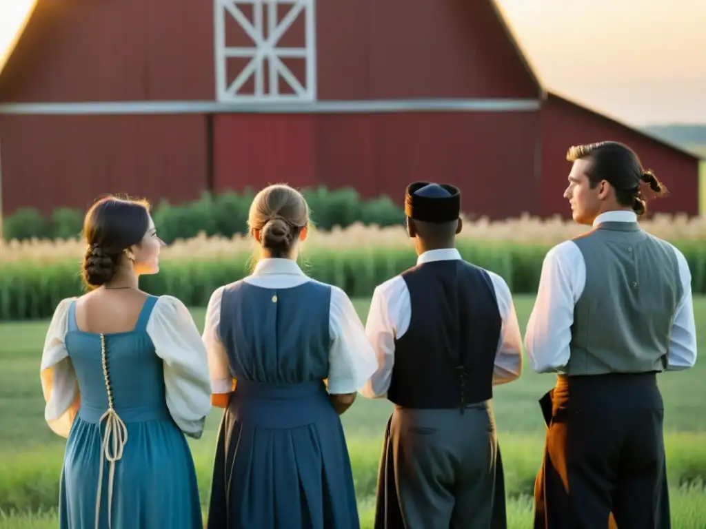 Un grupo de jóvenes amish participa en un rito de iniciación, mientras un anciano lidera una oración al atardecer