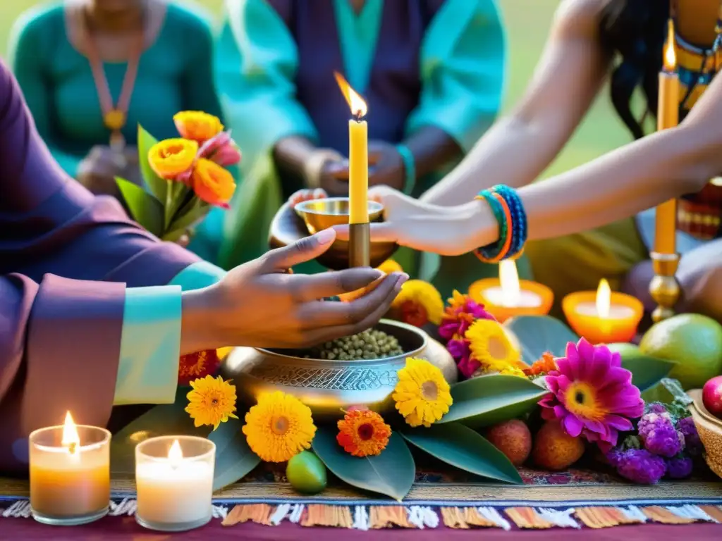 Grupo en ritual de agradecimiento y prosperidad en altar decorado con flores, frutas y velas, iluminado por luz cálida