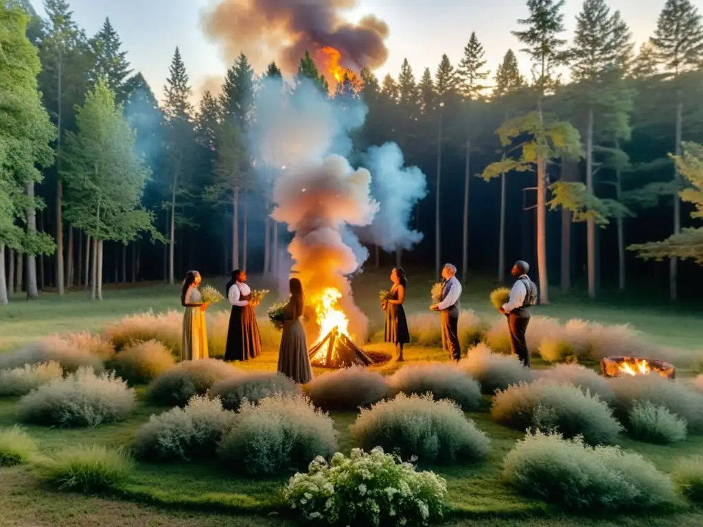 Grupo en ritual al aire libre, rodeado de naturaleza, agradeciendo con hierbas y fuego