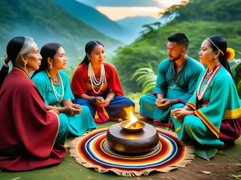 Grupo en ritual ancestral, conexión espiritual en la naturaleza, colores vibrantes y detalles intrincados en atuendos y objetos ceremoniales