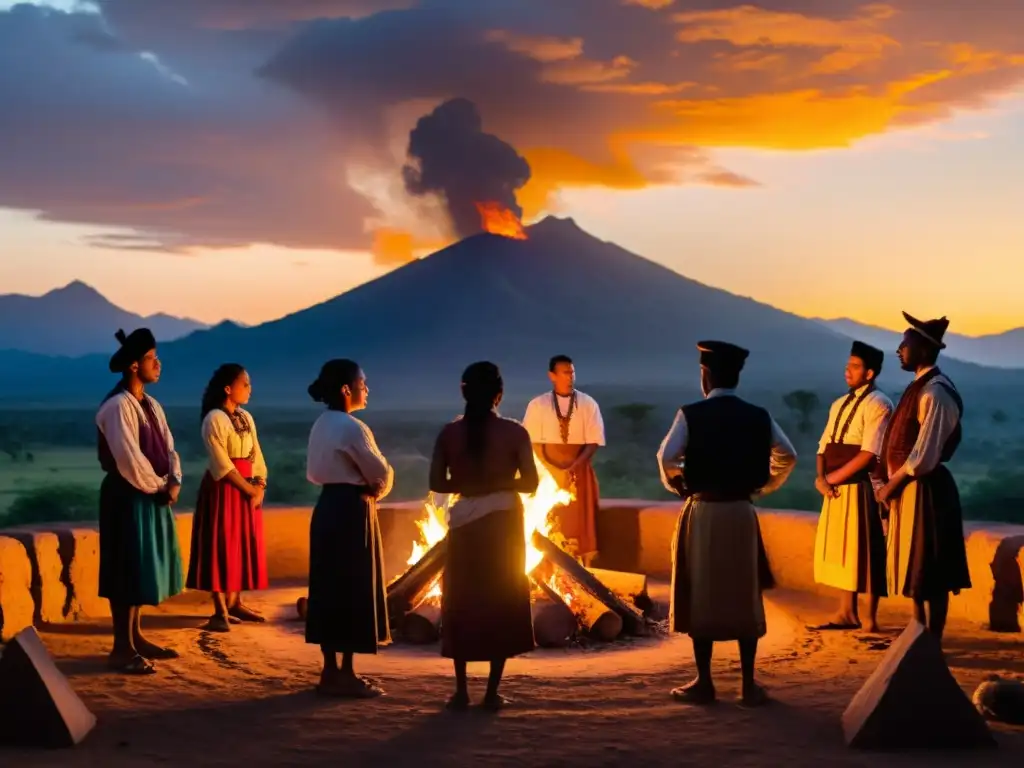 Grupo en ritual ancestral, cantando alrededor del fuego en ruinas, montañas al fondo