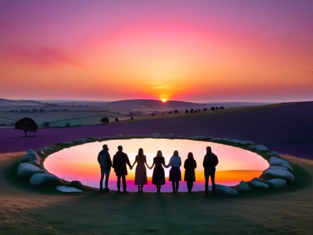 Un grupo celebra un ritual al atardecer, uniendo sus manos en un círculo mientras el sol se pone