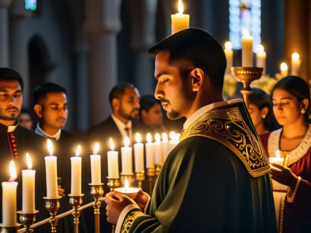 Grupo en ritual de Las Candelas en iglesia iluminada por velas