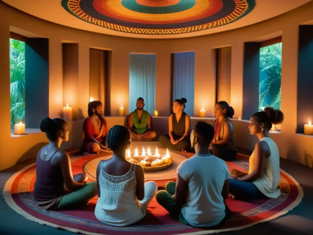 Un grupo en un ritual de canto sagrado en una sala iluminada por velas y tapestries coloridos