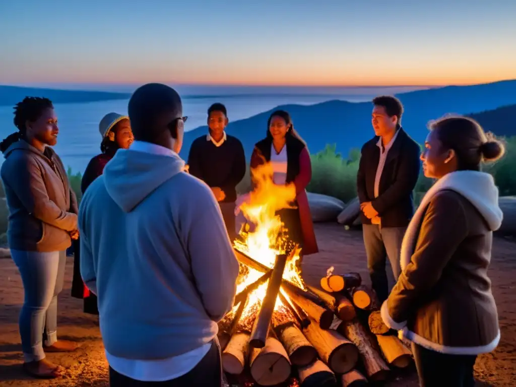 Grupo en ritual comunitario de duelo alrededor de fogata nocturna, apoyándose mutuamente