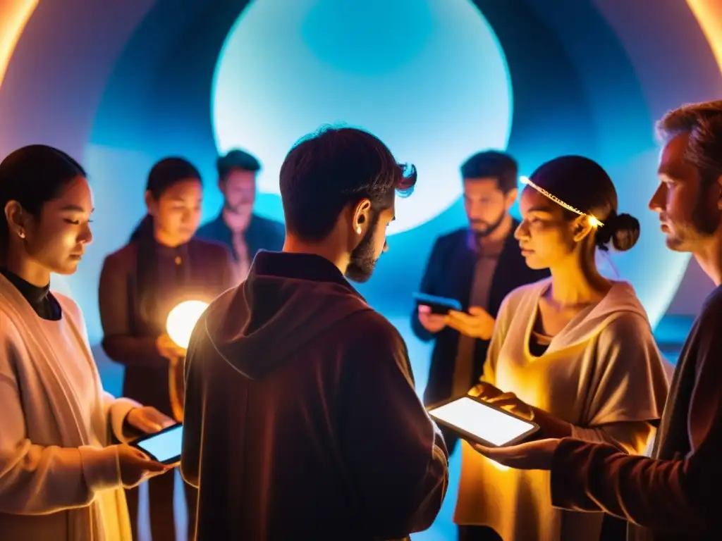 Grupo participando en un ritual digital, rodeado de pantallas con imágenes simbólicas