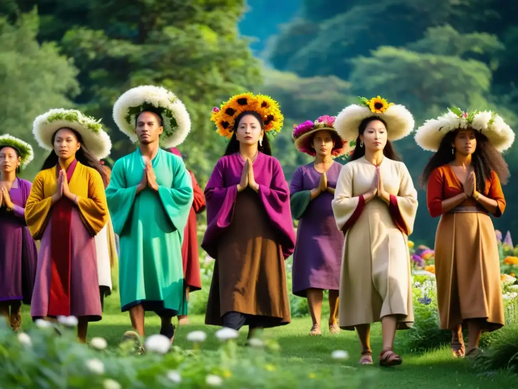 Grupo participando en un ritual de equinoccio entre flores y naturaleza exuberante, con vestimenta terrosa
