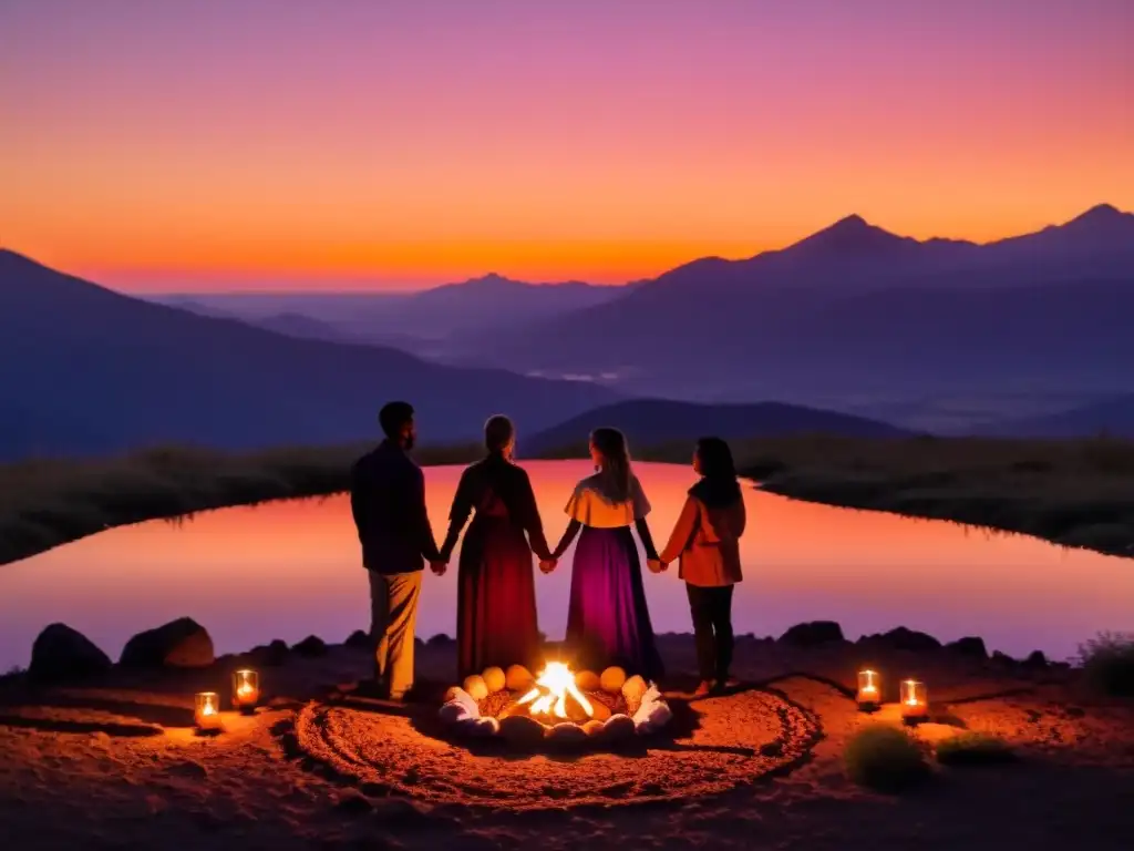 Un grupo en ritual de equinoccio y solsticio, unidos al atardecer entre velas y montañas