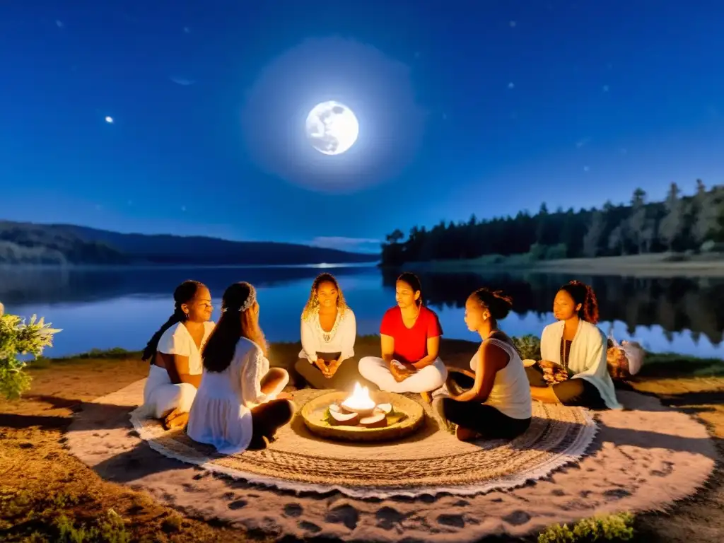 Grupo celebra ritual espiritual al aire libre bajo la luna llena, con velas, cristales y hierbas