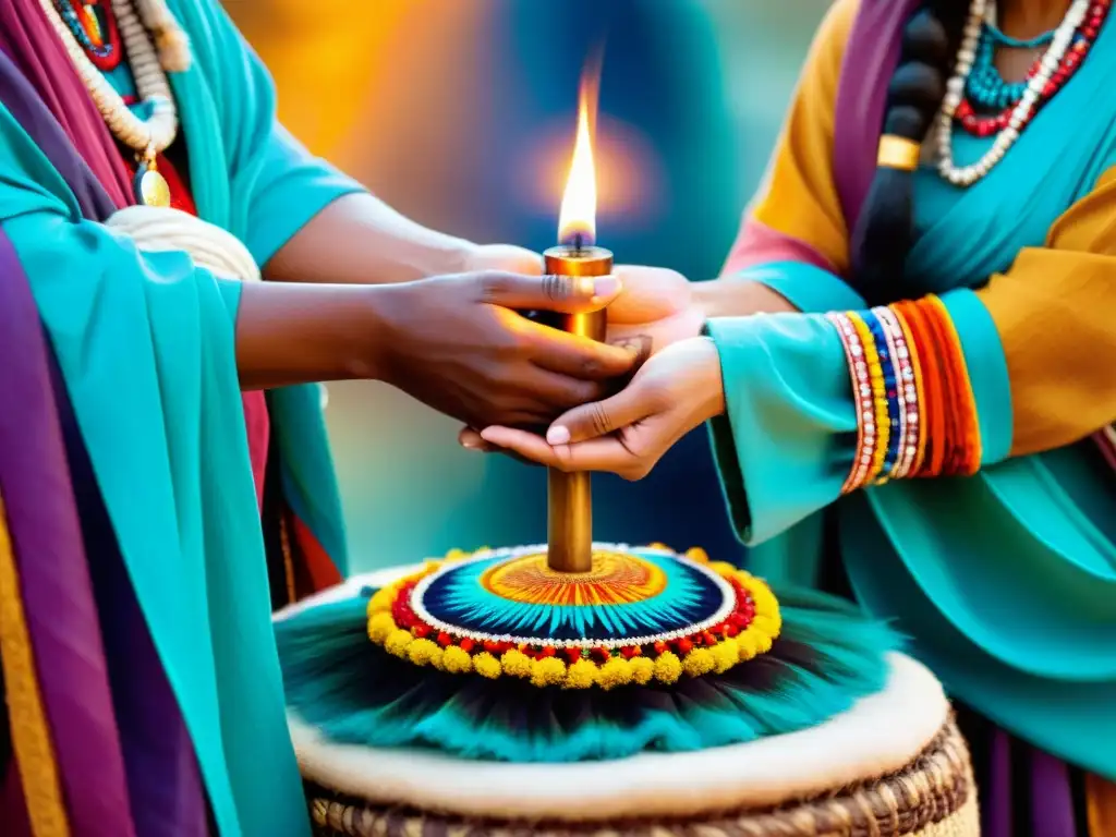 Un grupo participa en un ritual espiritual, envuelto en colores vibrantes y detalles ceremoniales