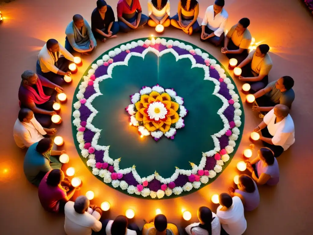 Un grupo participa en un ritual espiritual con mandalas de pétalos y polvo de colores