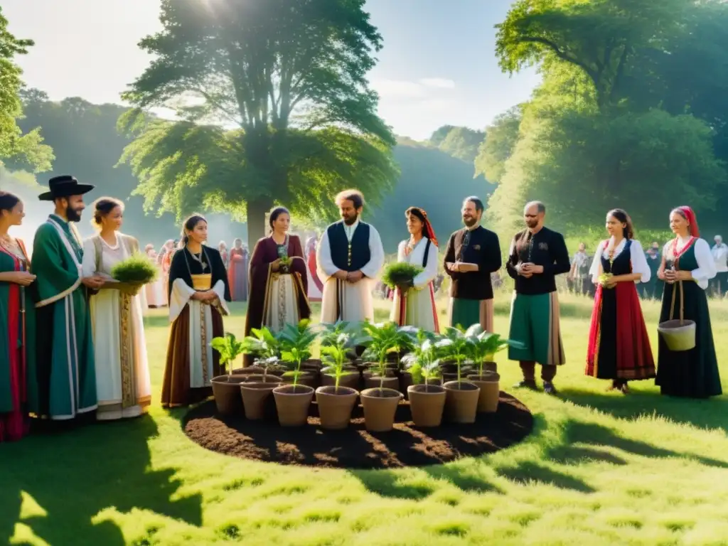 Grupo en ritual de plantación durante festival europeo, conectados con la tierra