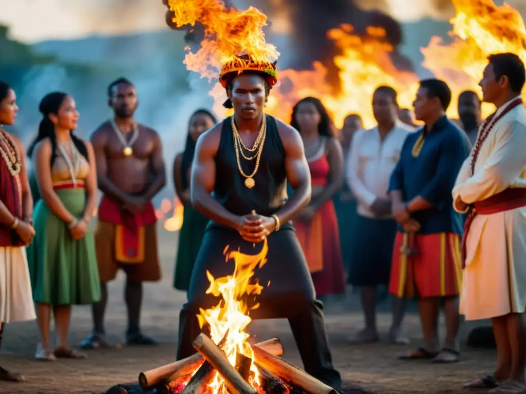 Grupo ritual alrededor de una fogata, expresando catarsis con danza, cánticos y plegarias en el bosque