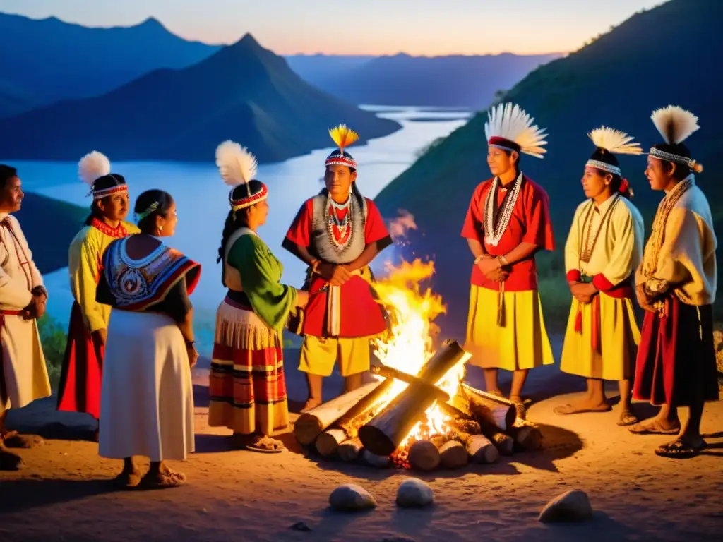 Grupo indígena celebra ritual alrededor de fogata, resaltando la importancia de los rituales en idiomas y la unión cultural