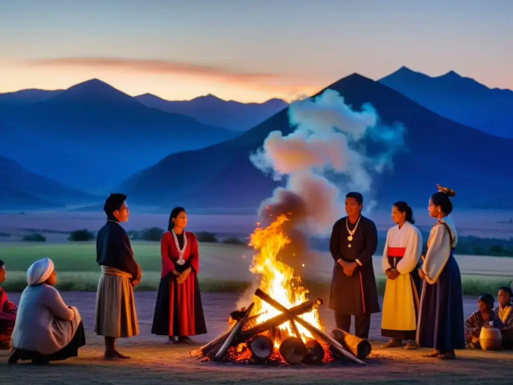 Grupo participa en ritual de transición alrededor de fogata al anochecer, capturando el significado de rituales de transición en la cultura