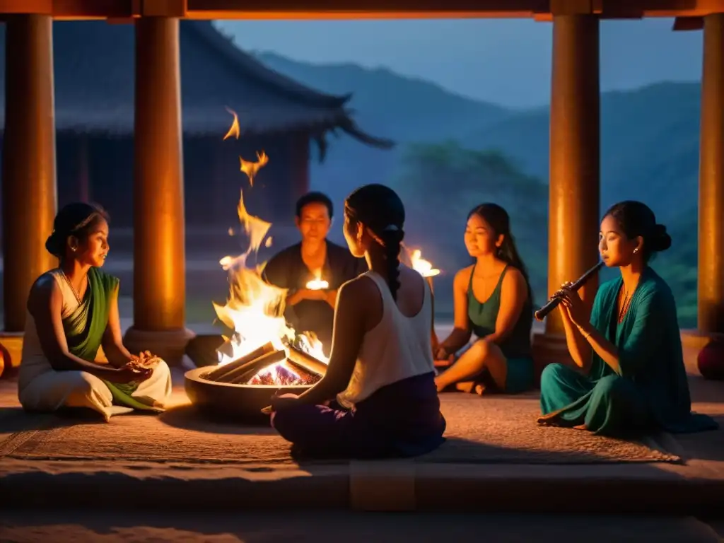 Grupo en ritual alrededor del fuego, envueltos en música y espiritualidad