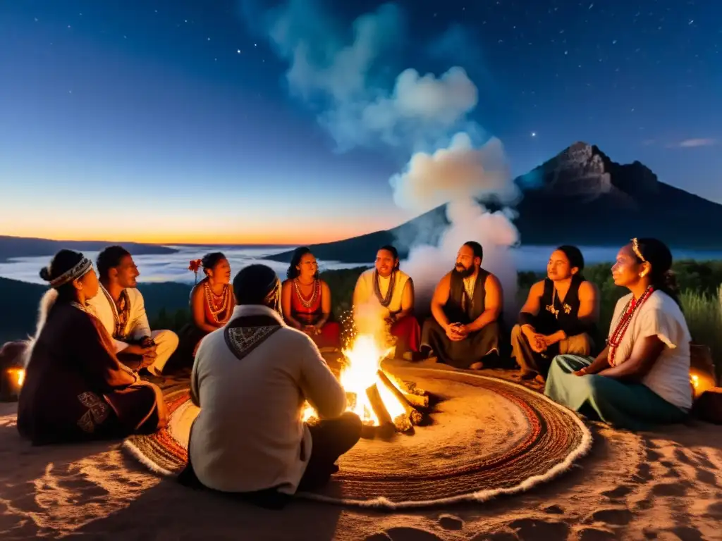 Grupo en ritual alrededor del fuego en la naturaleza