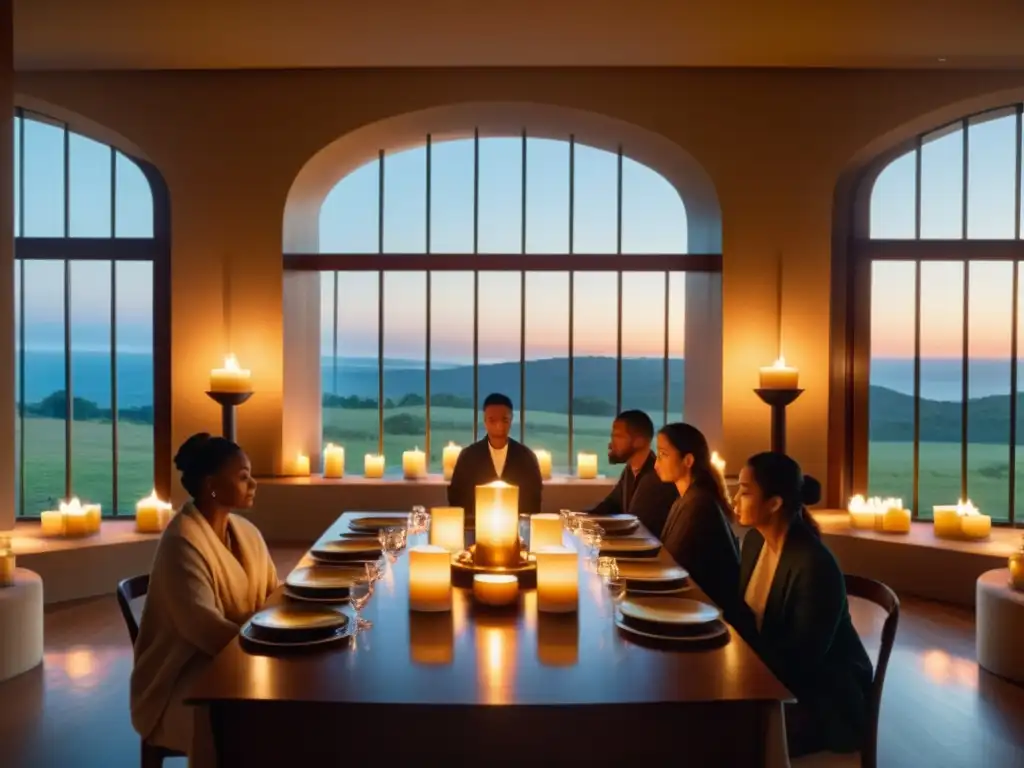 Grupo en ritual, iluminados por velas y luz natural