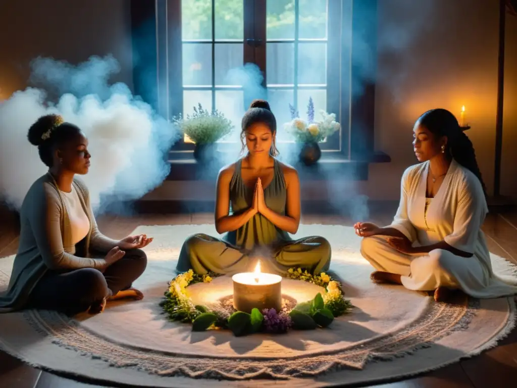 Grupo en ritual de luna nueva, con intenciones naturales, conexión espiritual y tranquilidad