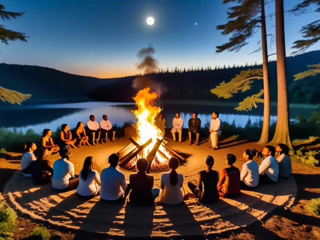 Grupo celebrando un ritual lunar en el bosque durante la noche, bajo la luz de la luna llena