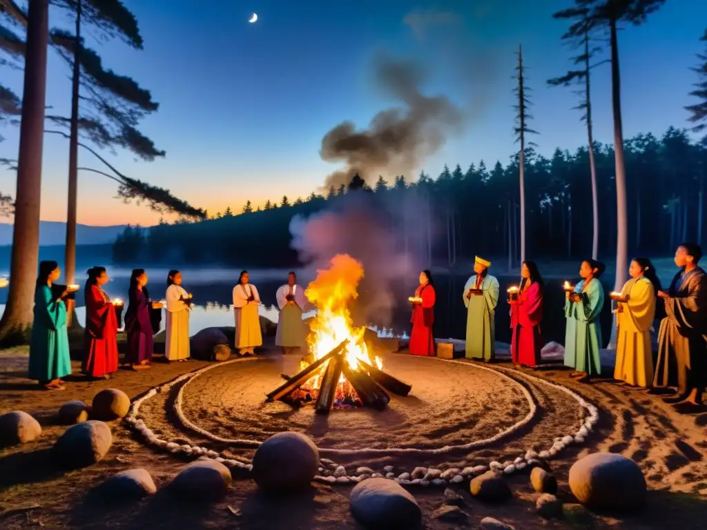 Un grupo participa en un ritual lunar en el bosque, bajo la luz de la luna llena