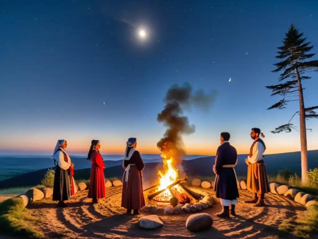 Un grupo participa en un ritual lunar alrededor de una hoguera en un claro del bosque, bajo la brillante luz de la luna