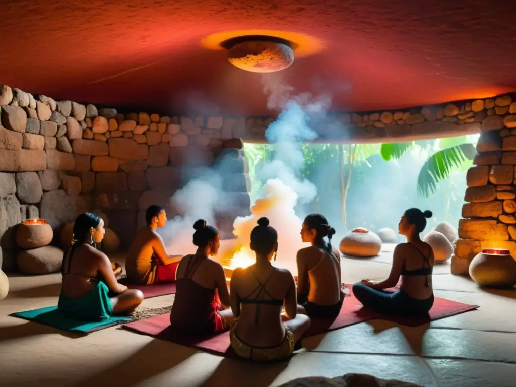 Un grupo participa en un ritual maya en un cuarto iluminado por luz dorada, con piedras incandescentes en el centro