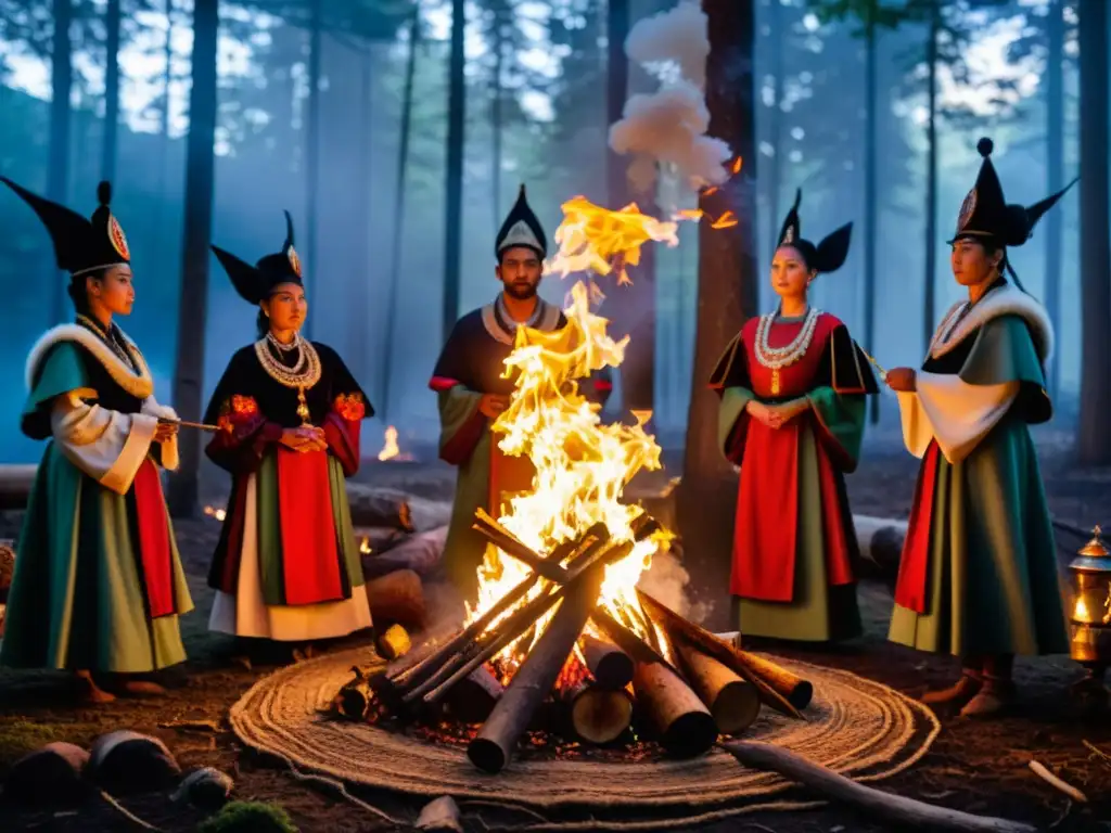 Grupo en ritual místico, vestidos en trajes tradicionales, alrededor de fuego en bosque iluminado