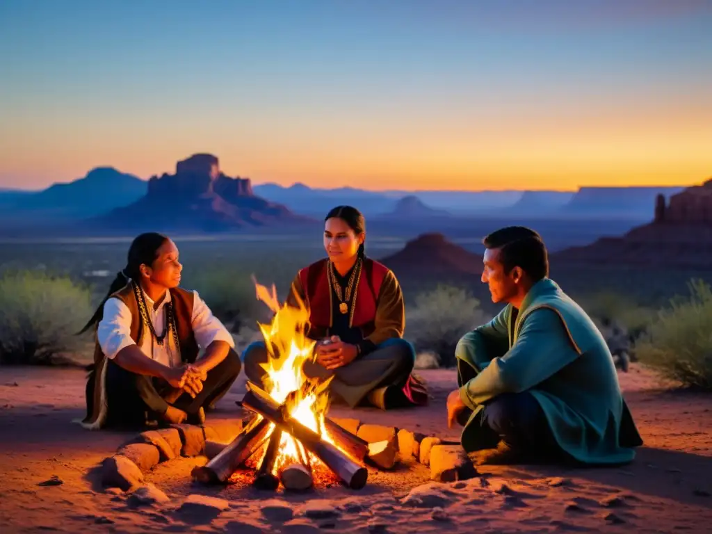 Grupo participa en un ritual nativo alrededor de fogata en el desierto de Arizona al atardecer