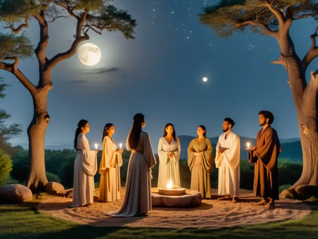 Grupo en ritual neopagano luna llena bajo árboles antiguos, con velas, en ambiente místico y sereno