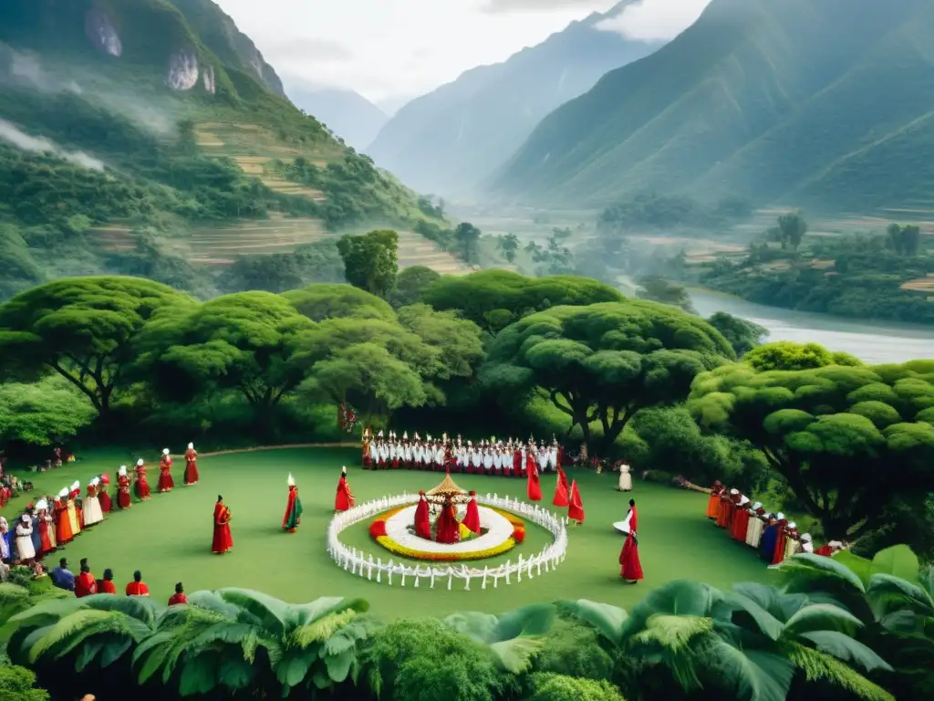 Grupo en ritual de paz y unidad, vestidos con atuendos ceremoniales en medio de exuberante naturaleza