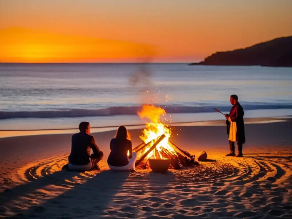 Grupo disfruta de ritual de San Juan en la playa al atardecer, capturando la esencia de rituales de renovación estacional en casa