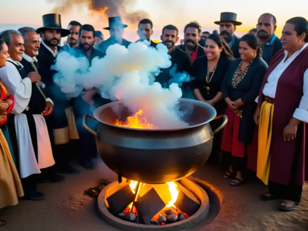 Grupo disfruta de ritual Queimada Gallega Mal Ojo alrededor de cauldron iluminado por fuego