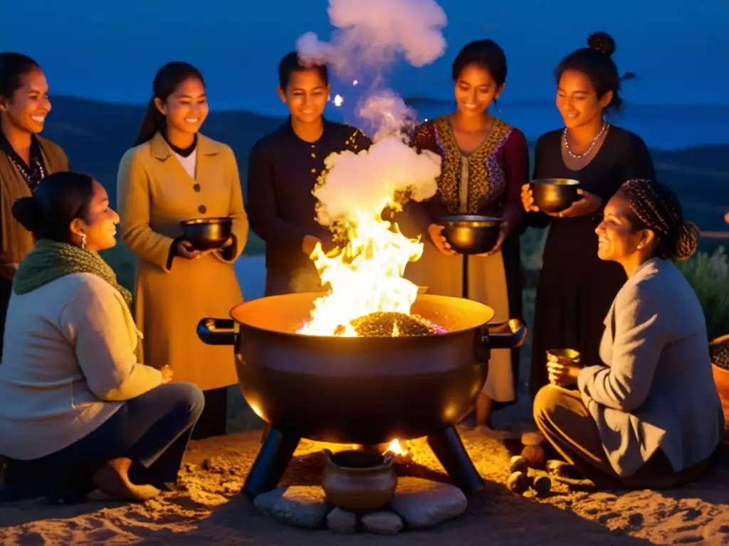 Grupo en ritual Queimada Gallega Mal Ojo bajo la noche estrellada, cauldron iluminado con espíritus, hierbas y frutas cítricas