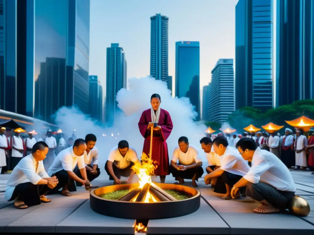 Grupo en ritual de purificación entre rascacielos, mezclando tradición y modernidad