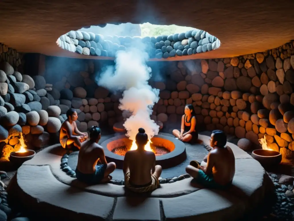 Grupo en ritual de Temazcal purificación y renacimiento, inmersos en atmósfera mística entre vapor y piedras calientes