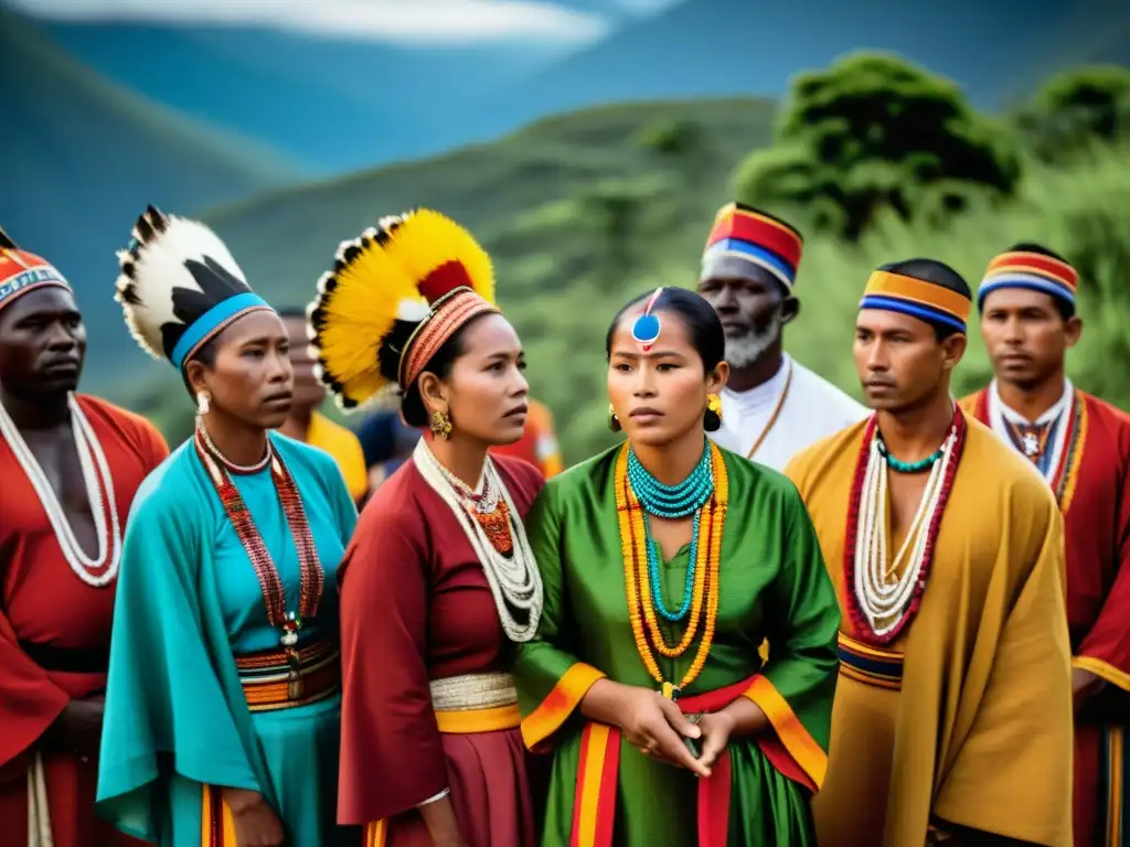 Grupo participando en ritual con símbolos hereditarios, vistiendo atuendos ceremoniales coloridos y realizando gestos simbólicos