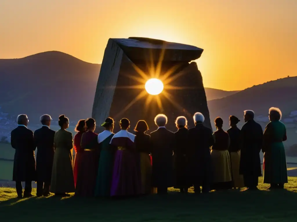 Grupo realizando un ritual de solsticio al atardecer, mostrando la evolución de los rituales de solsticio a través del tiempo y las culturas